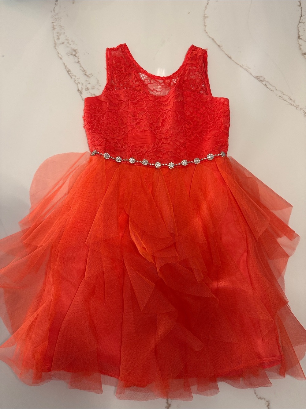 Rare Editions Coral Lace & Tulle Dress with Rhinestone Waist